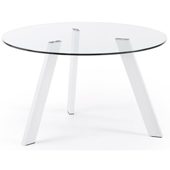 Stół okrągły transparentny szklany blat białe metalowe nogi Ø130x75 cm