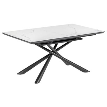 Stół rozkładany biały porcelanowy blat z marmurowym wzorem czarne metalowe nogi 160-210x90 cm