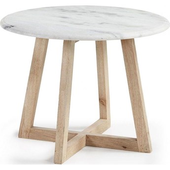 Stolik pomocniczy drewniany biały blat marmurowy Ø50x35 cm
