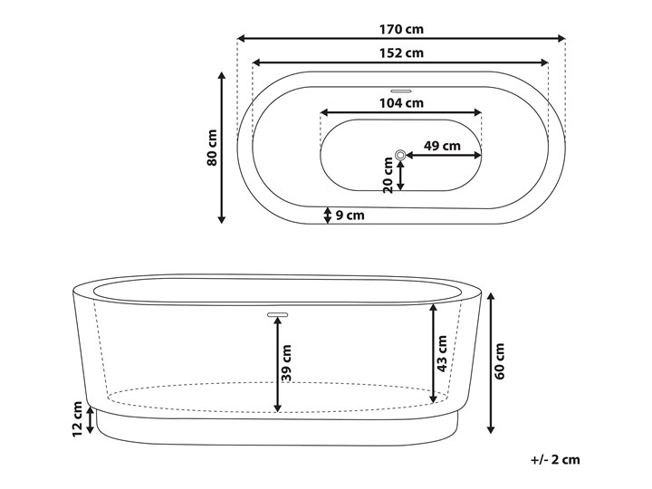 Wanna wolnostojąca biała akrylowa 170 x 80 cm system przelewowy z armaturą owalna minimalistyczny design Wolnostojące Kolor Biały