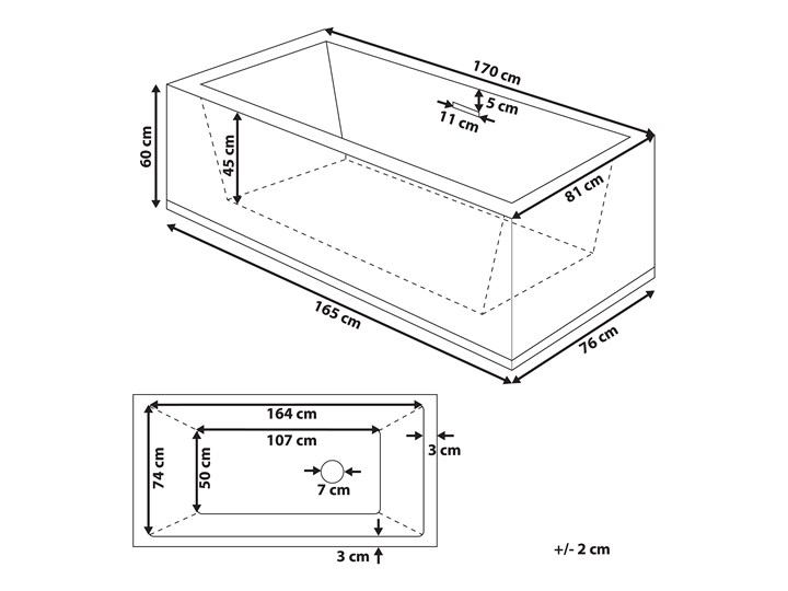 Wanna wolnostojąca biała akrylowa 170 x 81 cm system przelewowy prostokątna współczesna Symetryczne Długość 170 cm Wolnostojące Kolor Biały