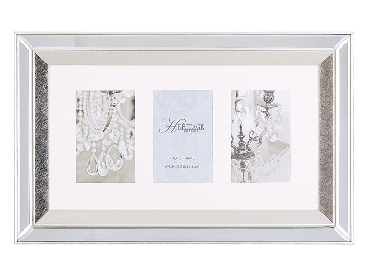 Multiramka srebrna lustrzana 32 x 50 cm na zdjęcia 3 fotografie 10 x 15 cm kolaż wisząca Kategoria Ramy i ramki na zdjęcia Pomieszczenie Sypialnia