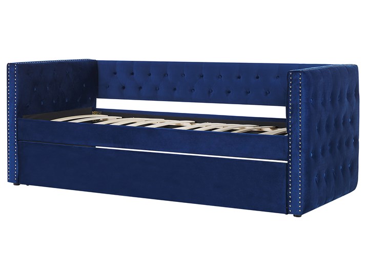 Łóżko wysuwane niebieskie welurowe ze stelażem 90 x 200 cm dziecięce glamour guziki gwoździe tapicerskie Łóżko tapicerowane Kategoria Łóżka do sypialni Kolor Granatowy