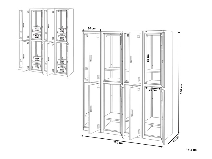 Szafa ubraniowa czarna metalowa 120 x 45 x 180 cm 4 x podwójne drzwi na kluczyk z półkami Kolor Czarny