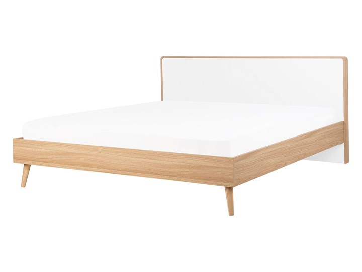 Łóżko białe jasne drewno 180 x 200 cm z ramą stelażem i zagłówkiem skandynawski design minimalistyczne Kategoria Łóżka do sypialni Łóżko drewniane Kolor Beżowy
