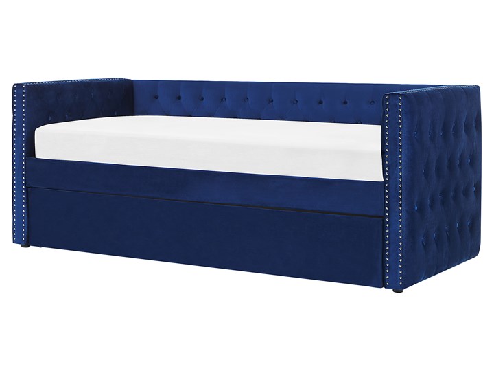Łóżko wysuwane niebieskie welurowe ze stelażem 90 x 200 cm dziecięce glamour guziki gwoździe tapicerskie Kategoria Łóżka do sypialni Łóżko tapicerowane Kolor Granatowy