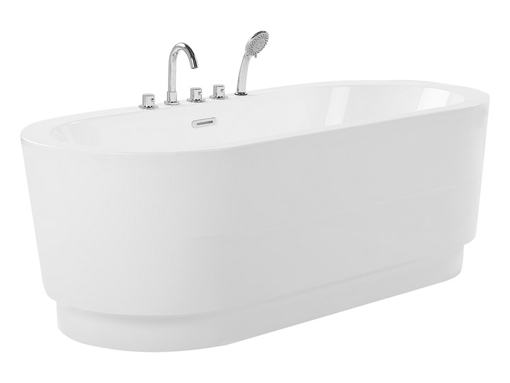 Wanna wolnostojąca biała akrylowa 170 x 80 cm system przelewowy z armaturą owalna minimalistyczny design Wolnostojące Kolor Biały