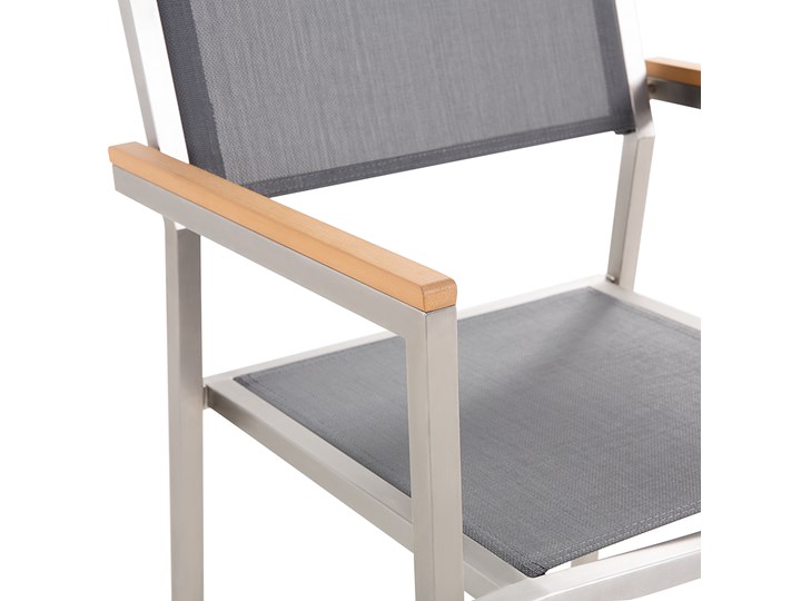 Zestaw mebli ogrodowych jadalniany czarny stół granit/bazalt 180 x 90 cm 6 krzeseł szarych tekstylnych sztaplowanych Tworzywo sztuczne Stoły z krzesłami Stal Kategoria Zestawy mebli ogrodowych
