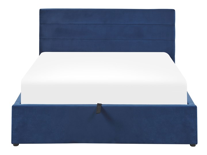 Łóżko ciemnoniebieskie welurowe 140 x 200 cm z pojemnikiem ze stelażem prostokątny zagłówek glamour Łóżko tapicerowane Kategoria Łóżka do sypialni