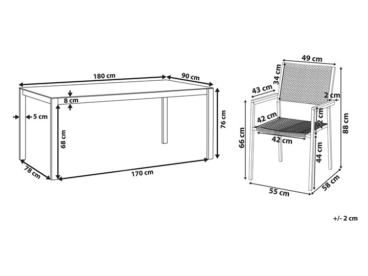 Zestaw mebli ogrodowych jadalniany czarny stół szkło hartowane 180 x 90 cm 6 krzeseł czarnych z technorattanu sztaplowanych Kolor Szary Stal Stoły z krzesłami Styl Nowoczesny
