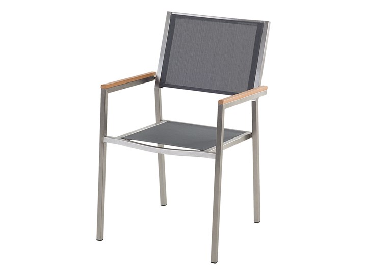 Zestaw mebli ogrodowych jadalniany czarny stół granit/bazalt 180 x 90 cm 6 krzeseł szarych tekstylnych sztaplowanych Stoły z krzesłami Tworzywo sztuczne Stal Zawartość zestawu Krzesła