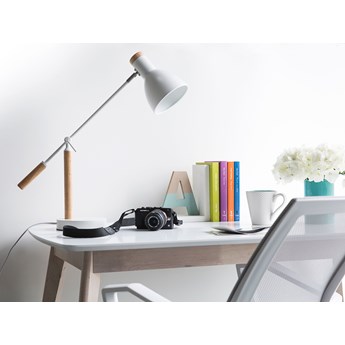 Lampa biurkowa biała jasne drewno regulowana szkolna nocna domowe biuro sypialnia pokój dziecięcy metalowa
