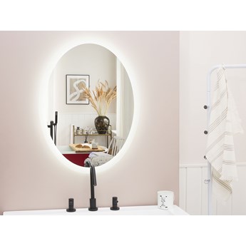 Lustro łazienkowe owalne srebrne 60 x 80 cm z podświetleniem LED system zapobiegający parowaniu