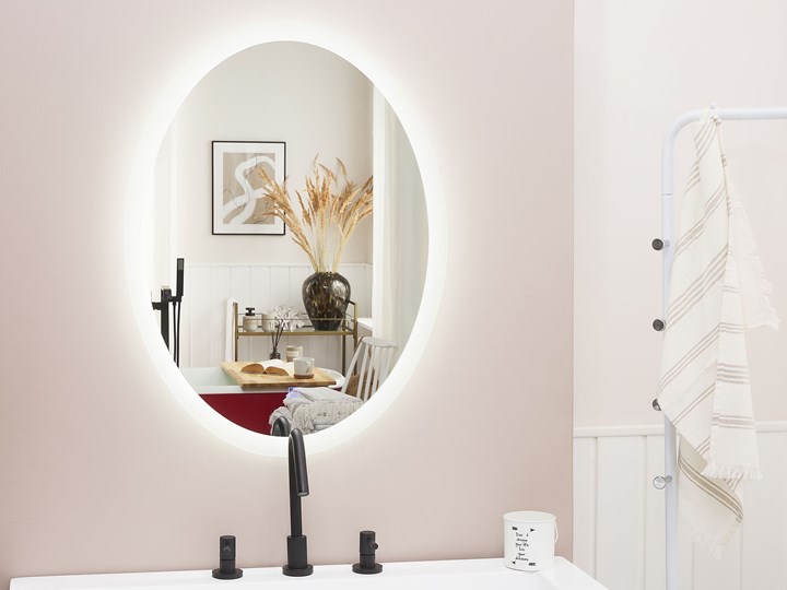 Lustro łazienkowe owalne srebrne 60 x 80 cm z podświetleniem LED system zapobiegający parowaniu Ścienne Pomieszczenie Łazienka Lustro bez ramy Kategoria Lustra