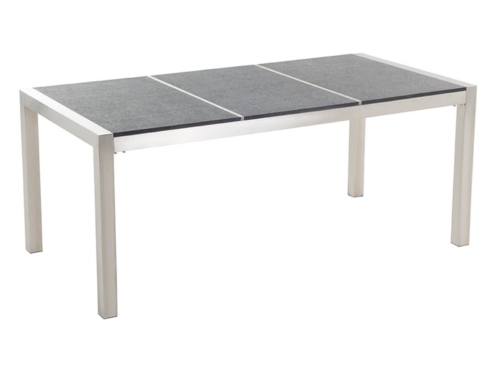 Zestaw mebli ogrodowych jadalniany czarny palony stół granit/bazalt 180 x 90 cm 6 krzeseł tekstylnych sztaplowanych Tworzywo sztuczne Stoły z krzesłami Stal Kolor Szary Zawartość zestawu Krzesła