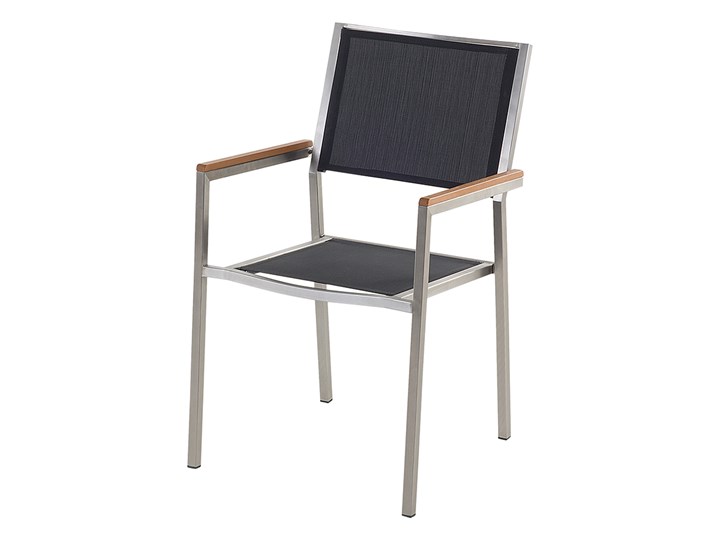 Zestaw mebli ogrodowych jadalniany czarny palony stół granit/bazalt 180 x 90 cm 6 krzeseł tekstylnych sztaplowanych Stoły z krzesłami Tworzywo sztuczne Zawartość zestawu Krzesła Stal Styl Nowoczesny
