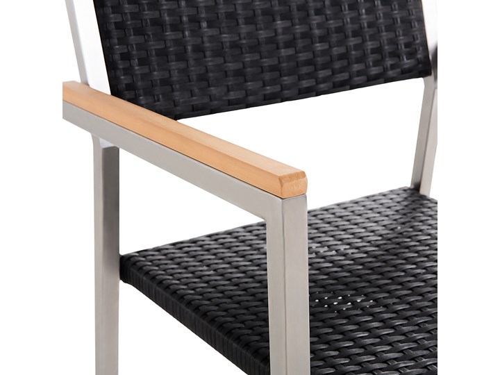 Beliani Zestaw mebli ogrodowych jadalniany szary stół granitowy polerowany 220 x 100 cm 8 czarnych krzeseł z technorattanu sztaplowanych Kategoria Zestawy mebli ogrodowych Stal Stoły z krzesłami Styl Nowoczesny