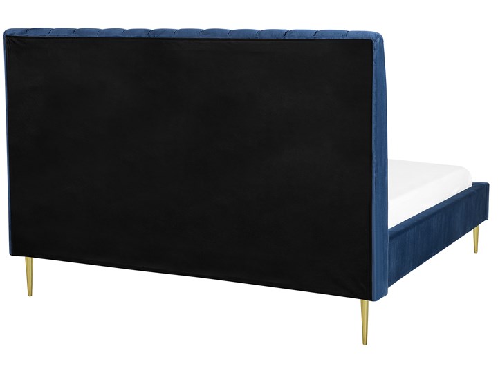 Łóżko ze stelażem niebieskie tapicerowane welurem złote nóżki 160 x 200 cm wysokie wezgłowie retro design Łóżko tapicerowane Kategoria Łóżka do sypialni Kolor Granatowy