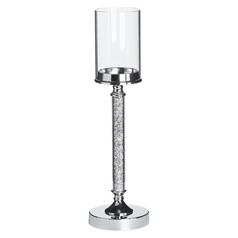 Beliani Świecznik srebrny metalowy ze szklanym kloszem wysoki lampion na nóżce 48 cm elegancka dekoracja stołu komody ozdoba styl glamour