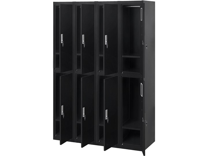 Szafa ubraniowa czarna metalowa 120 x 45 x 180 cm 4 x podwójne drzwi na kluczyk z półkami Pomieszczenie Biuro i pracownia Kolor Czarny