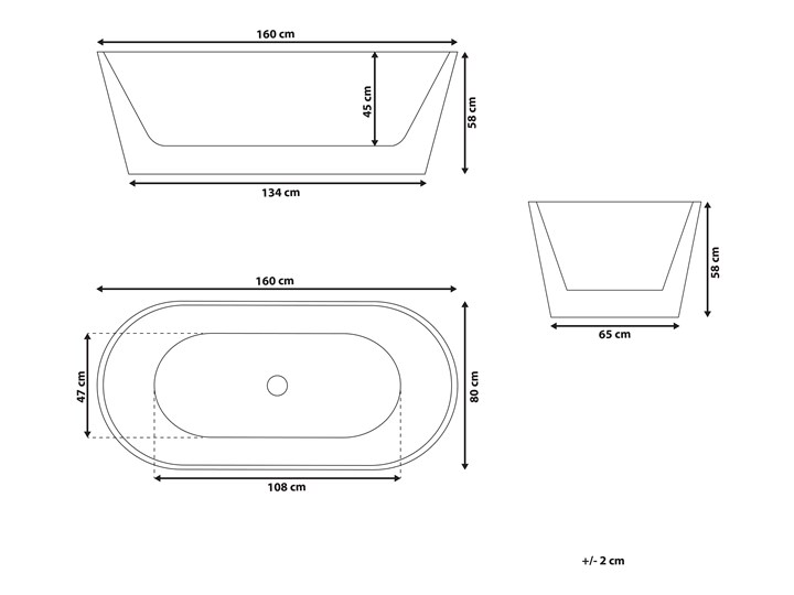 Wanna wolnostojąca biała akrylowa 160 x 80 cm system przelewowy owalna nowoczesna Wolnostojące Kolor Biały