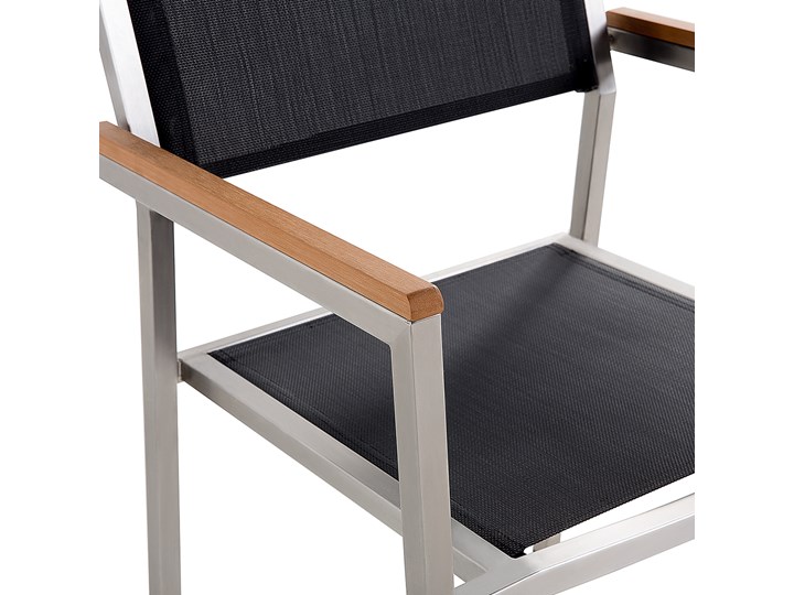 Zestaw mebli ogrodowych jadalniany czarny palony stół granit/bazalt 180 x 90 cm 6 krzeseł tekstylnych sztaplowanych Stoły z krzesłami Stal Tworzywo sztuczne Kolor Szary