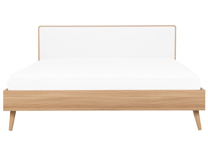 Łóżko białe jasne drewno 180 x 200 cm z ramą stelażem i zagłówkiem skandynawski design minimalistyczne Łóżko drewniane Kategoria Łóżka do sypialni Kolor Beżowy