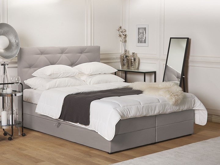 Łóżko kontynentalne jasnoszare tapicerowane z pojemnikami 160 x 200 cm boxspring wezgłowie materac sprężynowy topper Kolor Szary Łóżko tapicerowane Kategoria Łóżka do sypialni