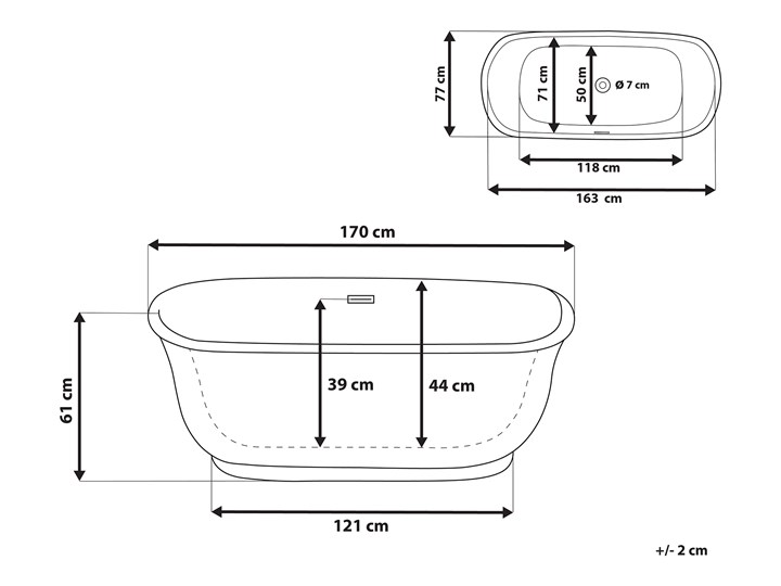 Wanna wolnostojąca biała akrylowa 170 x 77 cm system przelewowy owalna współczesna Wolnostojące Długość 170 cm Kolor Biały