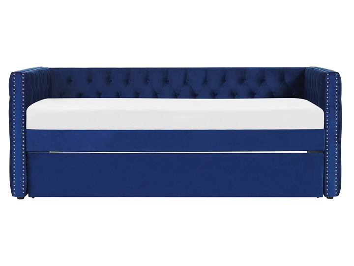 Łóżko wysuwane niebieskie welurowe ze stelażem 90 x 200 cm dziecięce glamour guziki gwoździe tapicerskie Łóżko tapicerowane Kategoria Łóżka do sypialni Kolor Granatowy