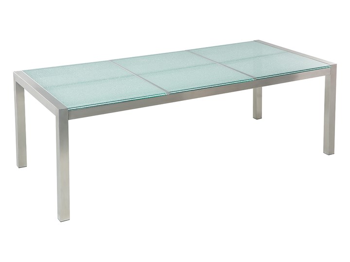 Beliani Zestaw ogrodowy stół z krzesłami blat szkło hartowane efekt tłuczonego szkła 220 x 100 cm 6 krzeseł czarnych z technorattanu sztaplowanych Stoły z krzesłami Stal Kategoria Zestawy mebli ogrodowych