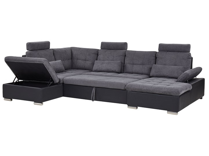 Narożnik rozkładany szary tapicerowany 5-osobowy z pojemnikiem regulowane zagłówki sofa kształt U W kształcie litery U Funkcje Z pojemnikiem na pościel