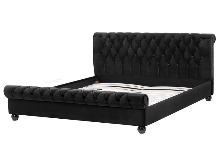 Łóżko ze stelażem czarne welurowe 180 x 200 cm z zagłówkiem pikowane styl glamour Łóżko pikowane Kategoria Łóżka do sypialni Łóżko tapicerowane Drewno Styl Vintage