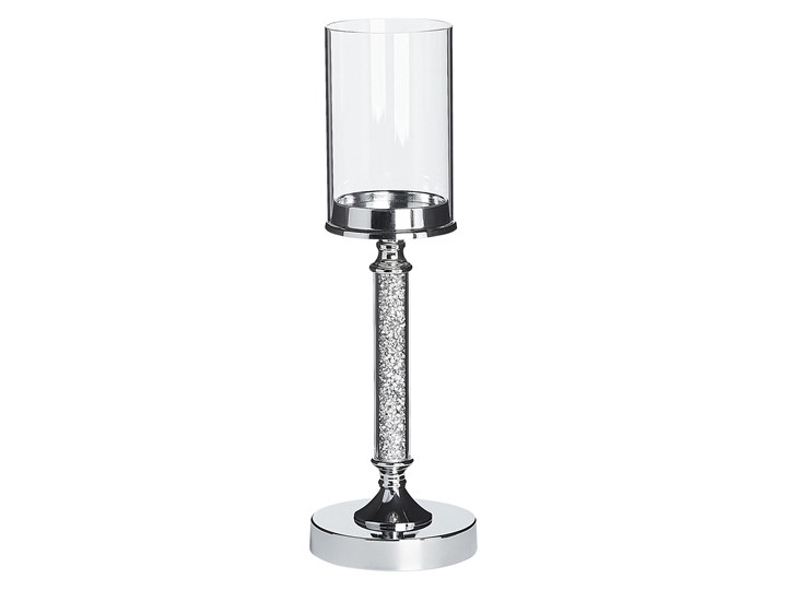 Beliani Świecznik srebrny metalowy ze szklanym kloszem lampion na nóżce 41 cm elegancka dekoracja st ...
