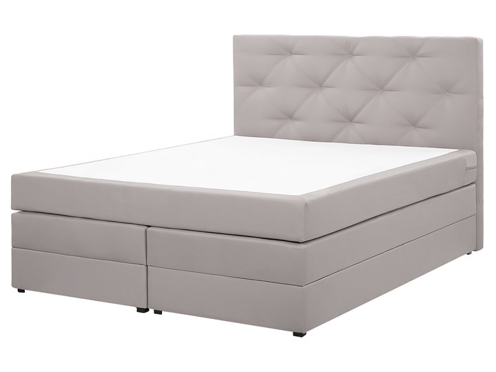 Łóżko kontynentalne jasnoszare tapicerowane z pojemnikami 160 x 200 cm boxspring wezgłowie materac sprężynowy topper Łóżko tapicerowane Kolor Szary Kategoria Łóżka do sypialni