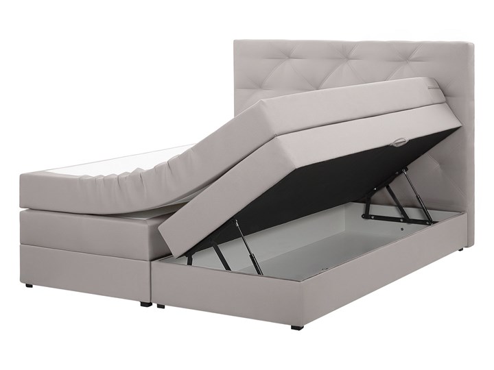 Łóżko kontynentalne jasnoszare tapicerowane z pojemnikami 160 x 200 cm boxspring wezgłowie materac sprężynowy topper Łóżko tapicerowane Kategoria Łóżka do sypialni