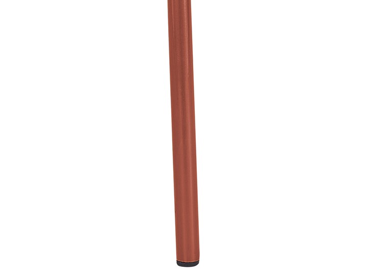 Zestaw 2 krzeseł miedzianych metalowych z czarnymi poduszkami na siedzisko z ekoskóry styl nowoczesny Głębokość 49 cm Wysokość 77 cm Szerokość 54 cm Skóra Tworzywo sztuczne Skóra ekologiczna Styl Industrialny Pomieszczenie Salon