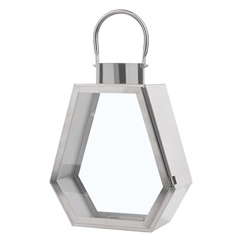 Lampion dekoracyjny srebrny metalowy geometryczny 46 cm ozdobna latarnia na świecę