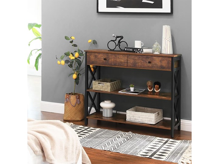 Bettso Elegancka konsola Hanoi z szufladami oraz półkami / Rustic brown Szerokość 100 cm Kolor Brązowy Metal Wysokość 80 cm Głębokość 34 cm Drewno Styl Nowoczesny