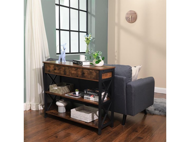 Bettso Elegancka konsola Hanoi z szufladami oraz półkami / Rustic brown Wysokość 80 cm Szerokość 100 cm Drewno Styl Nowoczesny Metal Głębokość 34 cm Kolor Brązowy