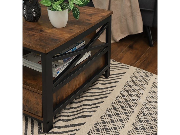 Bettso Industrialny stolik kawowy Hanoi z szufladami / Rustic brown Wysokość 55 cm Metal Płyta meblowa Kolor Brązowy Drewno Kształt blatu Prostokątne