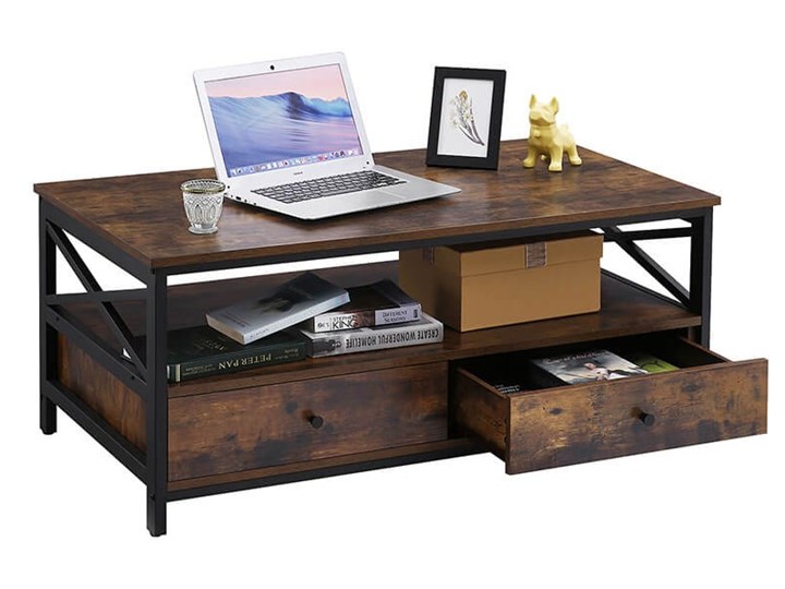 Bettso Industrialny stolik kawowy Hanoi z szufladami / Rustic brown Metal Wysokość 55 cm Drewno Płyta meblowa Styl Nowoczesny