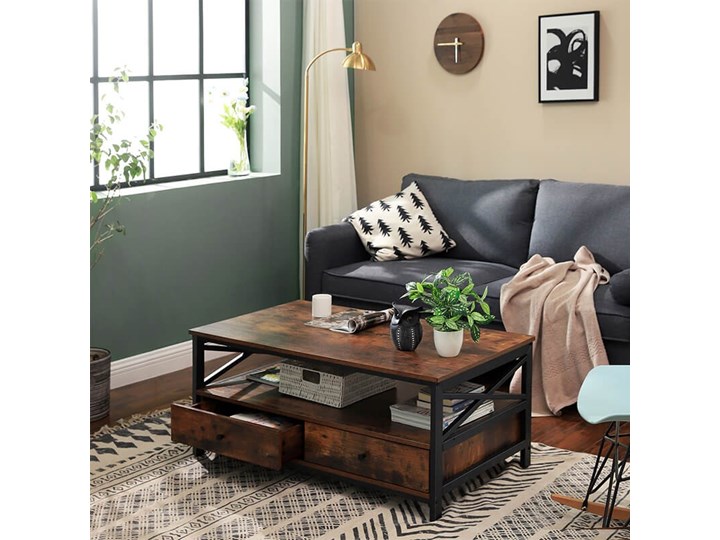 Bettso Industrialny stolik kawowy Hanoi z szufladami / Rustic brown Drewno Wysokość 55 cm Kształt blatu Prostokątne Płyta meblowa Metal Styl Nowoczesny