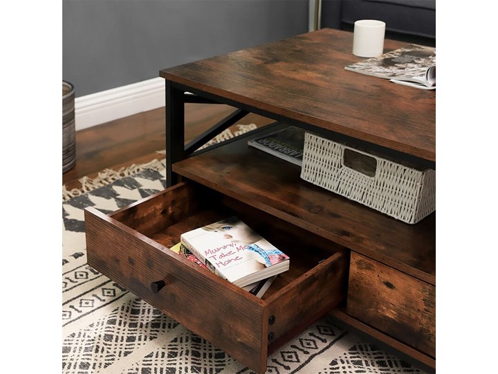 Bettso Industrialny stolik kawowy Hanoi z szufladami / Rustic brown Metal Płyta meblowa Wysokość 55 cm Drewno Kolor Brązowy