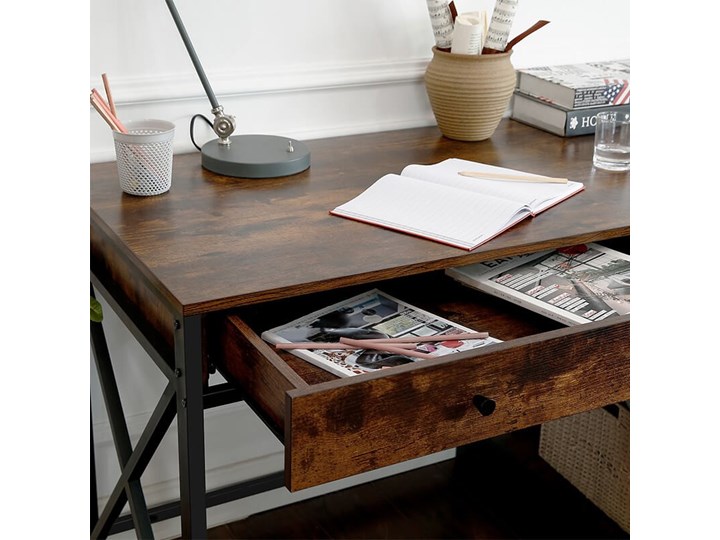 Bettso Industrialne biurko Hanoi z półkami i szufladą / Rustic brown Szerokość 115 cm Głębokość 60 cm Drewno Metal Głębokość 115 cm Kolor Brązowy