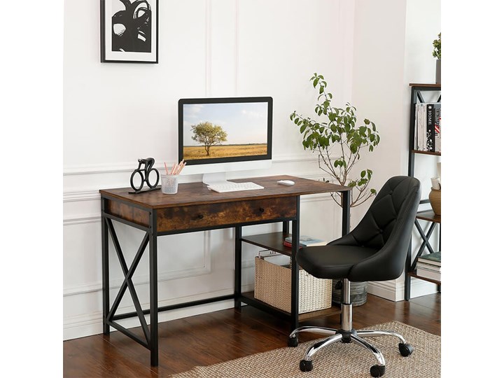 Bettso Industrialne biurko Hanoi z półkami i szufladą / Rustic brown Szerokość 115 cm Głębokość 60 cm Metal Kolor Brązowy Drewno Głębokość 115 cm Styl Industrialny