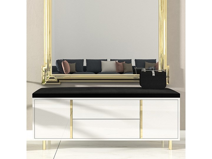 Elegancka biała szafka na buty Dancan CAROLINE z tapicerowanym siedziskiem, na złotych nóżkach Płyta meblowa Płyta MDF Metal Styl Nowoczesny Płyta laminowana Kolor Biały