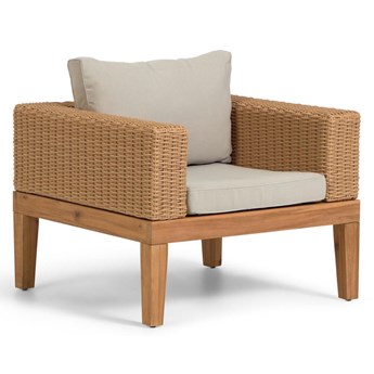 Fotel ogrodowy siedzisko beżowe nogi drewniane