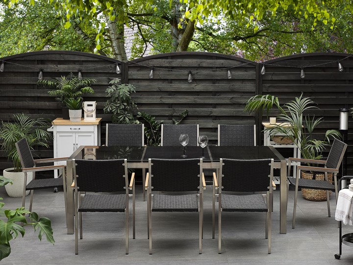 Zestaw mebli ogrodowych jadalniany czarny stół granit/bazalt 220 x 100 cm 8 krzeseł z technorattanu sztaplowanych Stoły z krzesłami Styl Nowoczesny Stal Kategoria Zestawy mebli ogrodowych