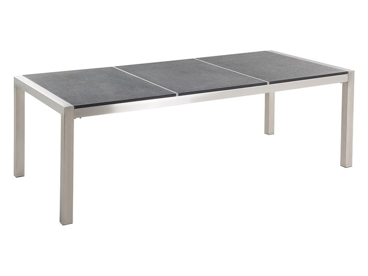 Zestaw mebli ogrodowych jadalniany szary stół granit/bazalt 220 x 100 cm 8 czarnych krzeseł z technorattanu sztaplowanych Stal Zawartość zestawu Krzesła Stoły z krzesłami Styl Nowoczesny